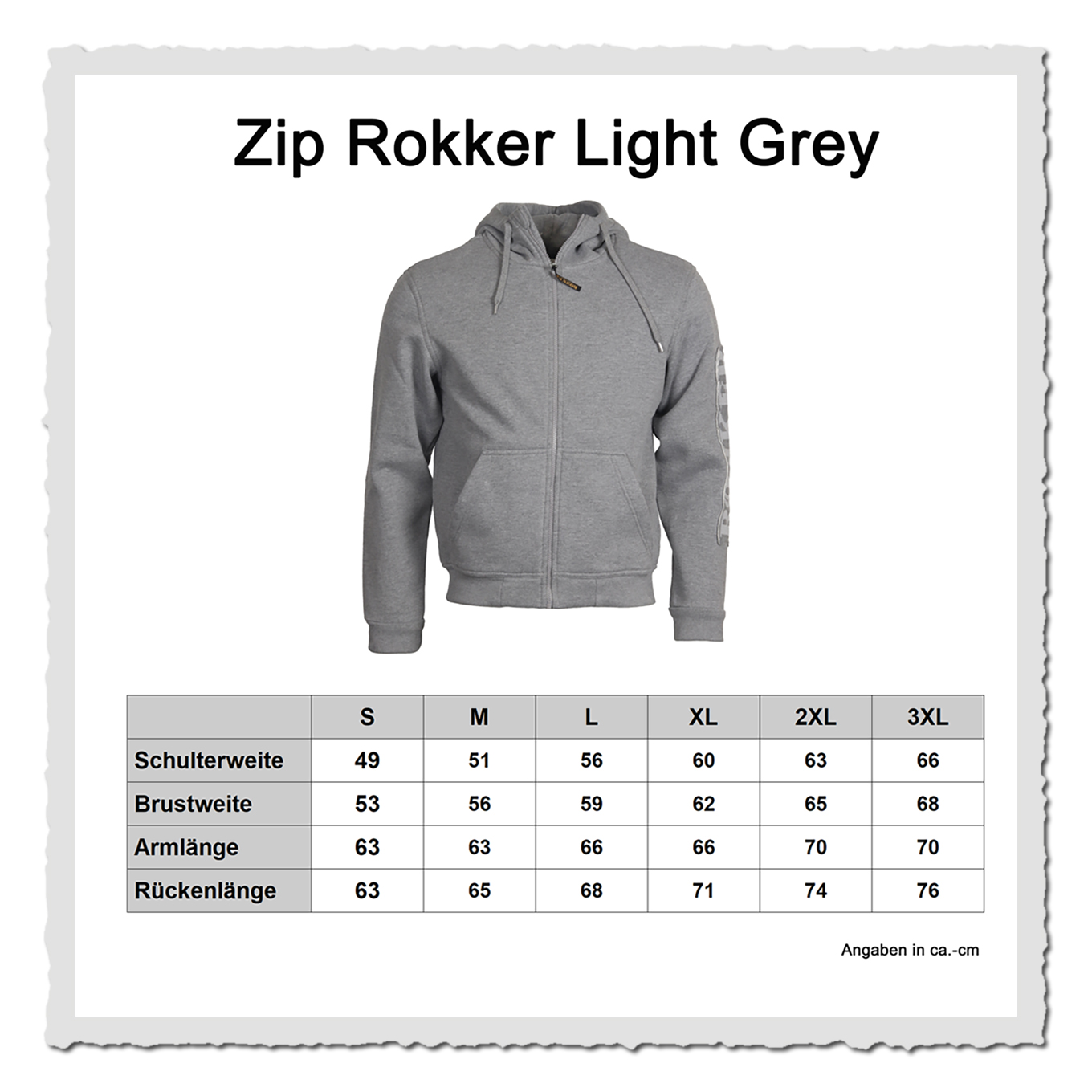 Produktgrafik eines hellgrauen Zip Hoodies mit eingeblendeter Größentabelle auf hellem Hintergrund.